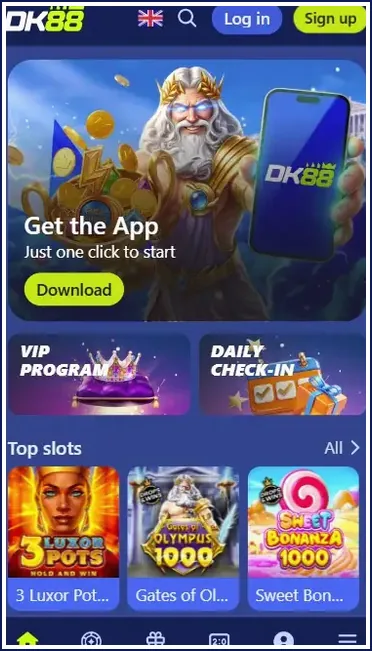 Akaun DK88 dengan slot, meja langsung dan sukan pada telefon